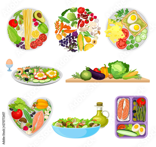 Set of images of plates with different foods. Vector illustration on white background.