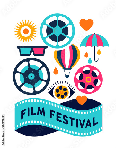 Film festival, cinema and movie poster, creative retro vector design concept