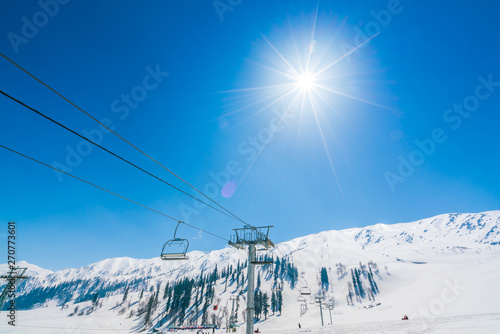 Cable car at snow mountain in Gulmark Kashmir, India .