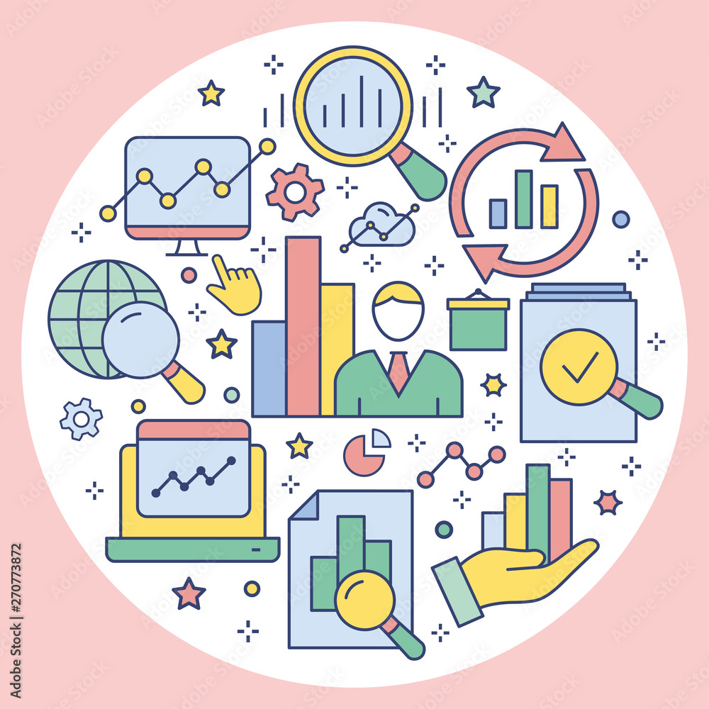Data analysis circle template flat icons for interface, print. Data analysis circle template flat icons for interface, print.
