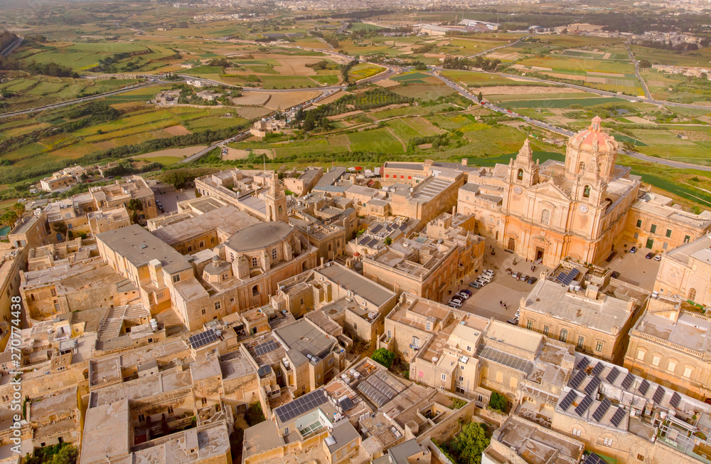 Old castle Mdina cathedral city, Malta. Aerial top view