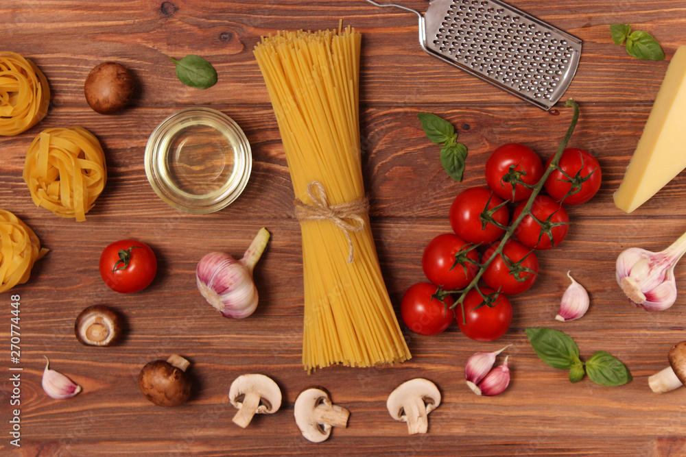 set of products for cooking Italian pasta top view, place for text set of products for cooking Italian pasta top view, place for text