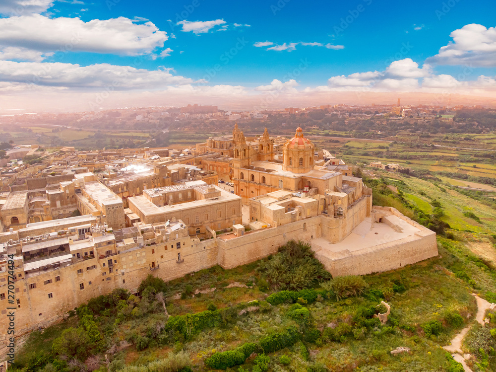 Old castle Mdina cathedral city, Malta. Aerial top view - obrazy, fototapety, plakaty 