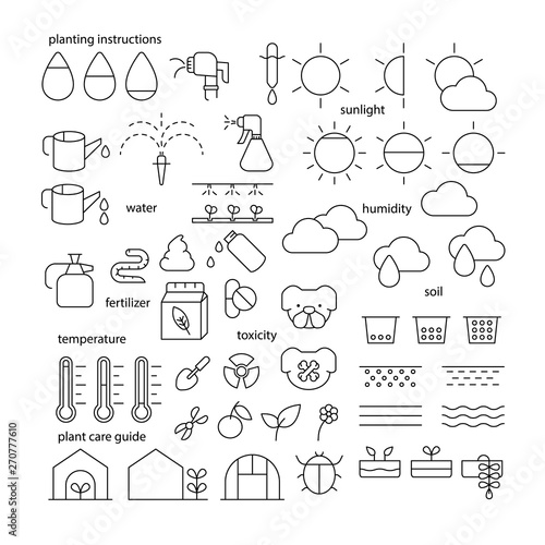 Set of editable stroke Planting Instruction icon set.plant care guide symbol.gardening.garden and plant care.Thin Flat icon design