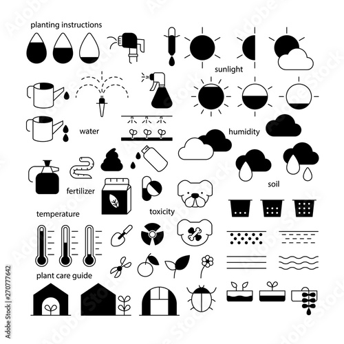Planting Instruction icon set.plant care guide symbol.gardening.black and white flat design element.garden and plant care