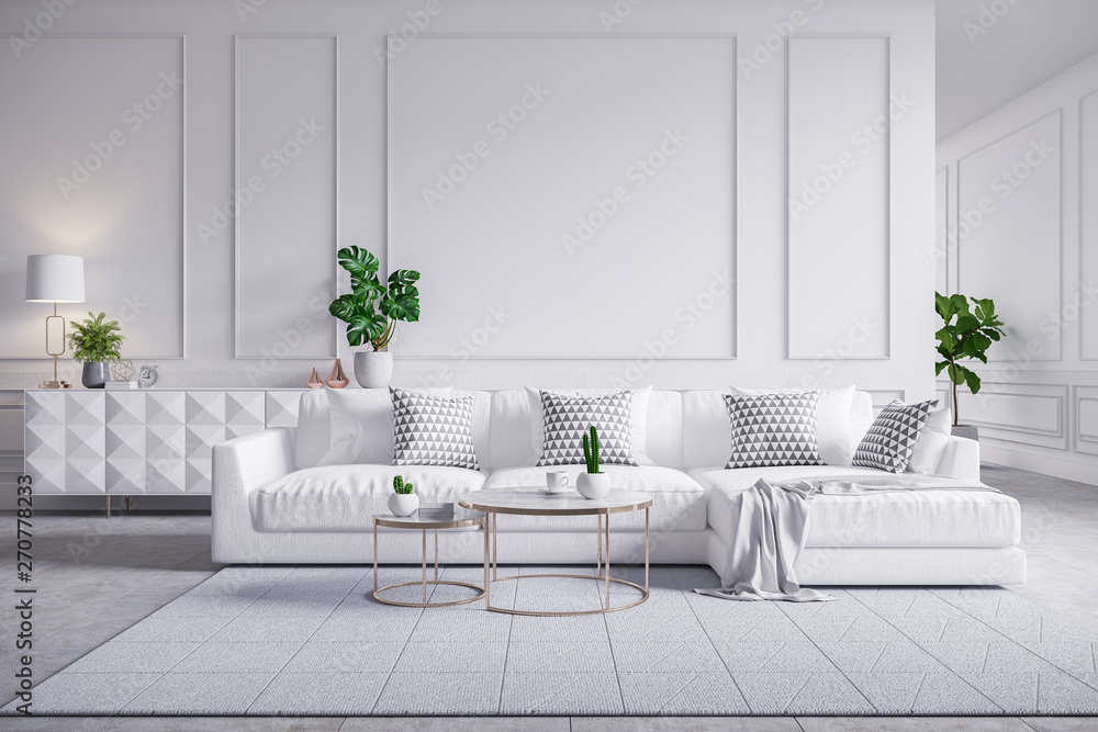Modern interior of living room,white sofa with cofee table on carpet tiles and white wall,3d rendering