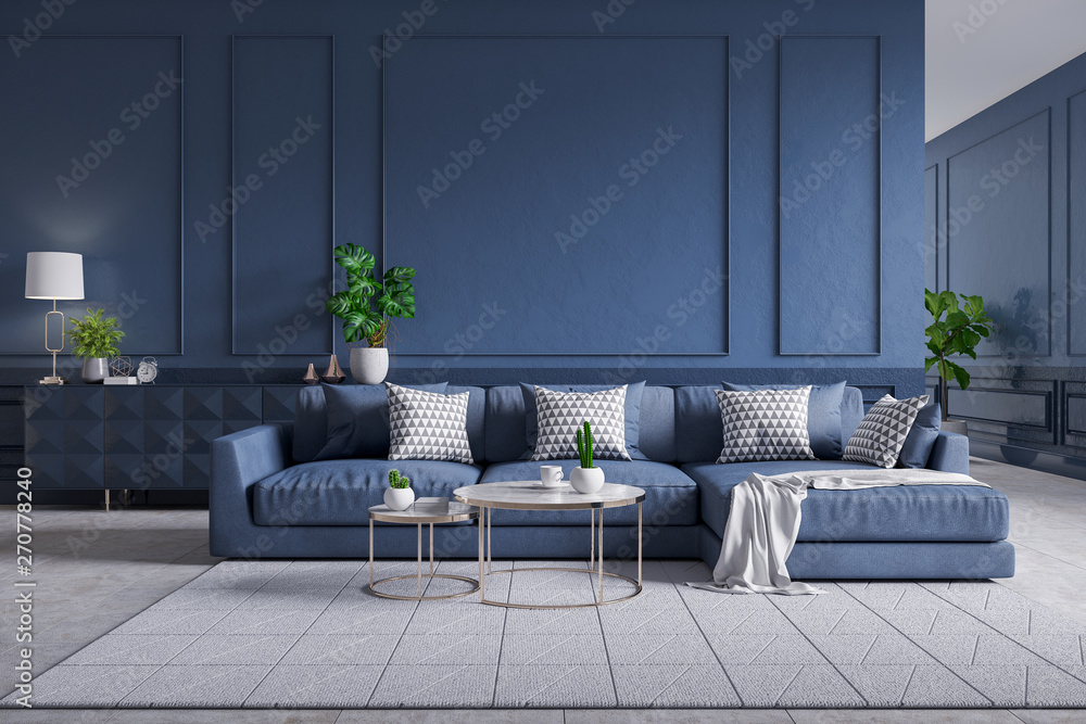 Modern  interior of living room,blue sofa with cofee table on carpet tiles and dark blue wall,3d rendering - obrazy, fototapety, plakaty 