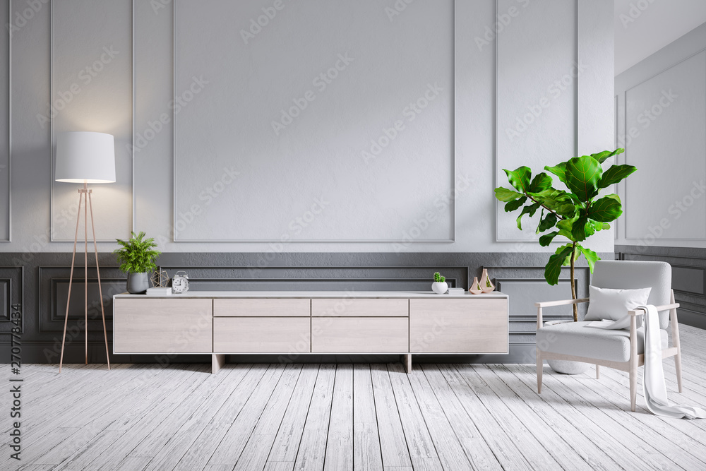 Modern classic style in interior design ,Wood Tv and armchair on gray wall with wood