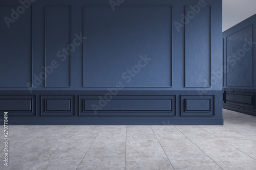 Modern interior empty room, dark blue wall with Concrete Gray tile floor,3d rendering