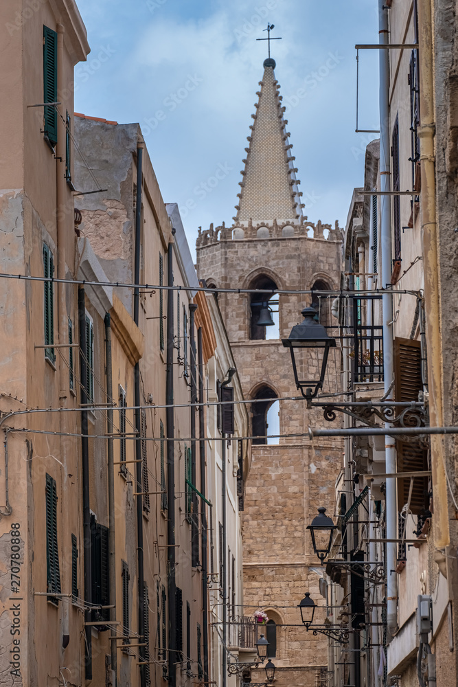 Gothic bell tower of the cathedral of Alghero (L'Alguer), province of Sassari , Sardinia, Italy.