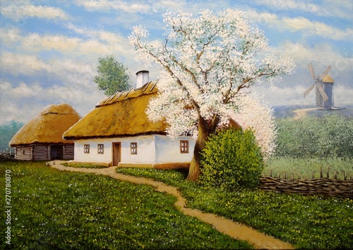 Oil paintings rural landscape, spring, house in the countryside. Old village, fine art. photo