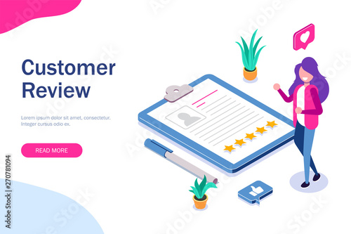 Customer review. HR manager evaluates resumes. Five stars and positive feedback. Can use for web banner, infographics, hero images. Vector isometric 3d illustration.