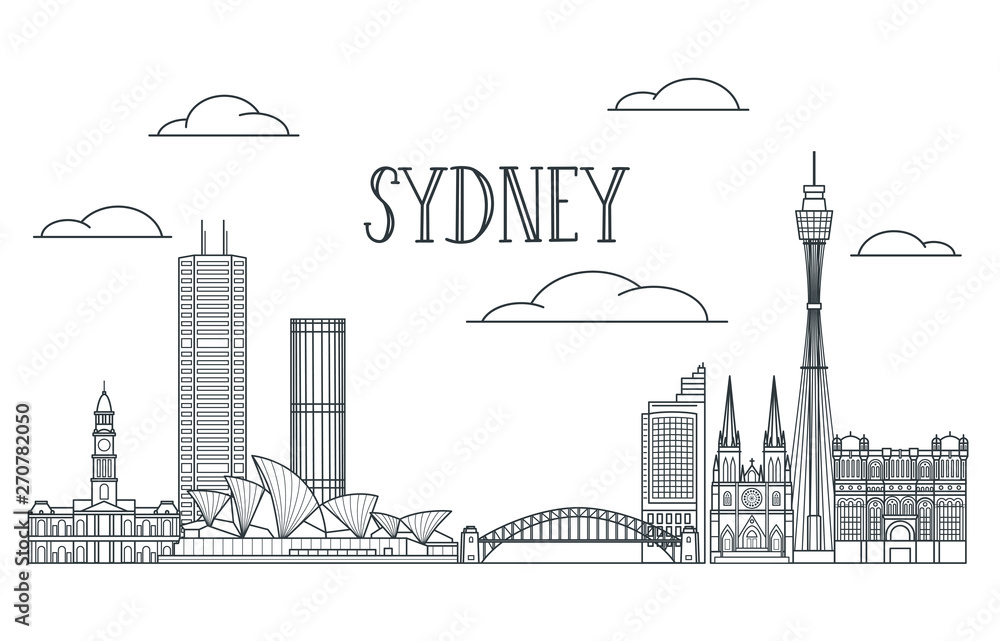 Obraz premium Sydney city panoramic line art illustration with all the major landmark buildings.