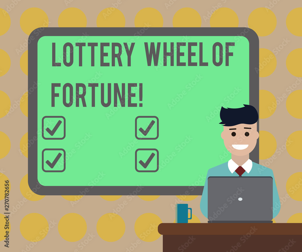 Word writing text Lottery Wheel Of Fortune. Business concept for Chances good luck gambling addiction gambler Blank Bordered Board behind Man Sitting Smiling with Laptop Mug on Desk Word writing text Lottery Wheel Of Fortune. Business concept for Chances good luck gambling addiction gambler Blank Bordered Board behind Man Sitting Smiling with Laptop Mug on Desk