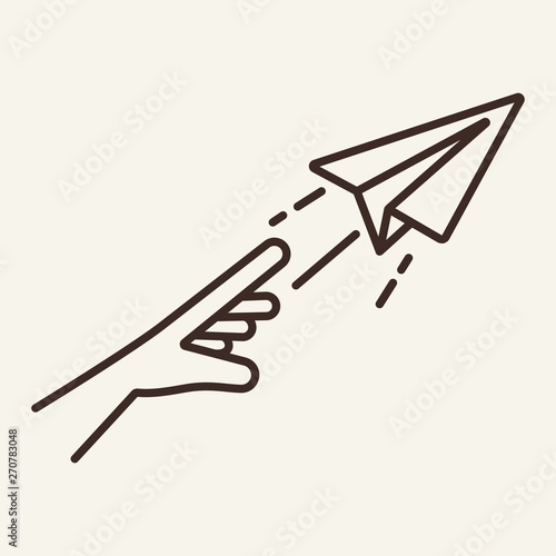 Throwing paper plane line icon. Human hand, flight, message. Business concept. Vector illustration can be used for topics like startup, launch, new project, social media