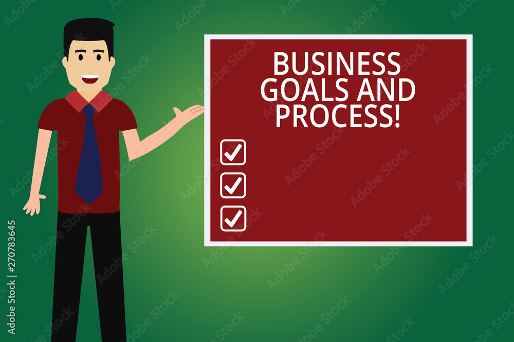 Word writing text Business Goals And Process. Business concept for Working strategies accomplish objectives Man with Tie Standing Talking Presenting Blank Color Square Board photo Word writing text Business Goals And Process. Business concept for Working strategies accomplish objectives Man with Tie Standing Talking Presenting Blank Color Square Board photo