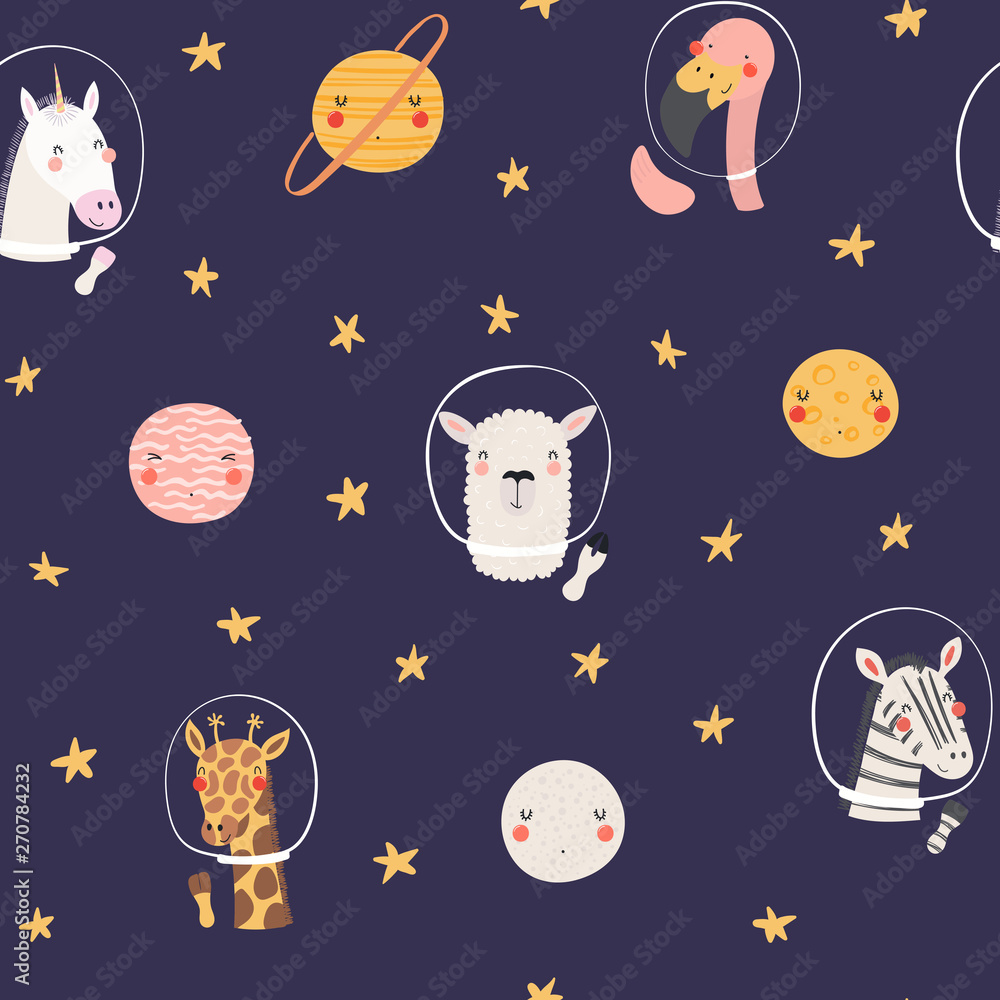 Hand drawn seamless vector pattern with cute animal astronauts, stars, in space, on a dark background. Scandinavian style flat design. Concept for children, textile print, wallpaper, wrapping paper.