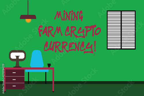 Conceptual hand writing showing Mining Farm Crypto Currency. Business photo text Block chain trading digital money business Minimalist Interior Computer and Study Area Inside a Room