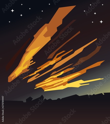 A comet, an asteroid, a meteorite falls to the ground against a starry sky. Attack of the meteorite. Meteor Rain. Kameta tail. End of the world. Astranomy. photo