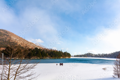 Yunoko lake cover with snow in winter at Nikko city, Japan. photo