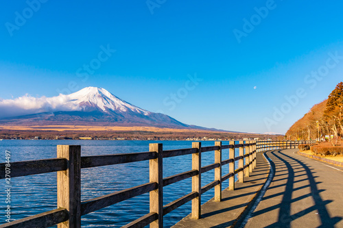 Fujisan or Fuji mountain in sunrise light at lake Yamanaka  Yamanashi prefecture Japan.