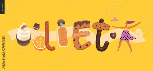 Dessert lettering - Diet - modern flat vector concept digital illustration of temptation font, sweet lettering and girls. Caramel, toffee, biscuit, waffle, cookie, cream and chocolate letters