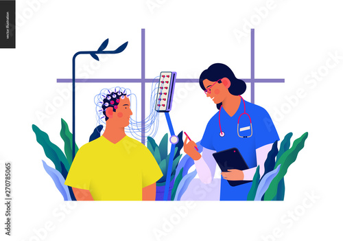 Medical tests template - EEG - electroencephalography - modern flat vector concept digital illustration of encephalography procedure - a patient with head electrodes and doctor in medical office photo