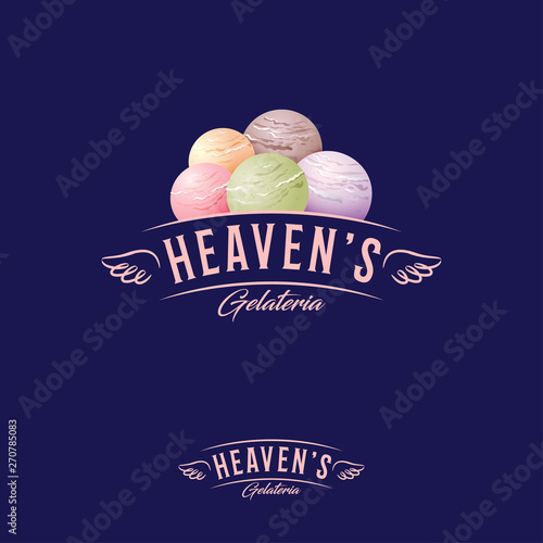 Heaven’s ice cream house, gelateria logo. Letters and scoops of ice cream like cloud. Logotype with angelic wings.
