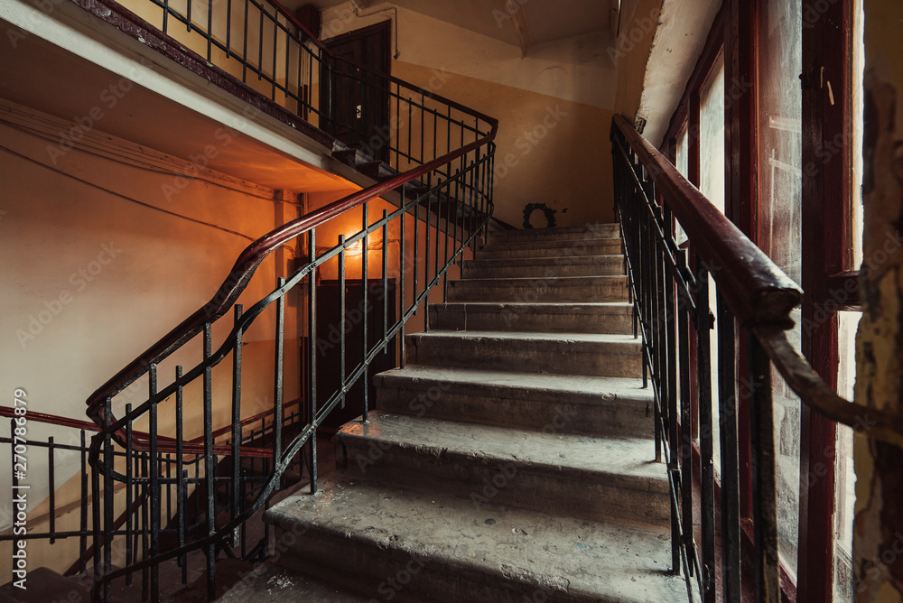 Spiral square staircase in an old house. Spiral square staircase in an old house.