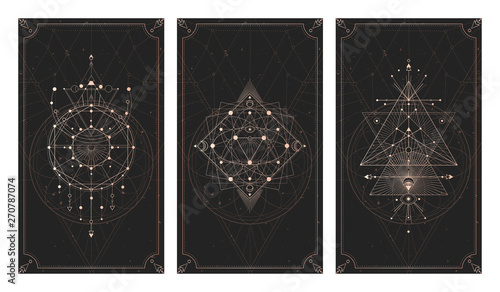 Vector set of three dark backgrounds with geometric symbols, grunge textures and frames.