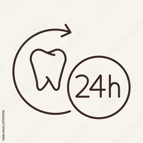 24h dental service line icon. Tooth, twenty four hours, day and night. Stomatology concept. Vector illustration can be used for topics like clinic, dentist, urgent help