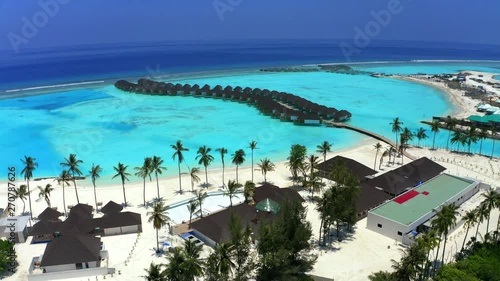 Aerial view, under construction Maldives island with water bungalows, South Male Atoll Maldives, Mar 2019 photo