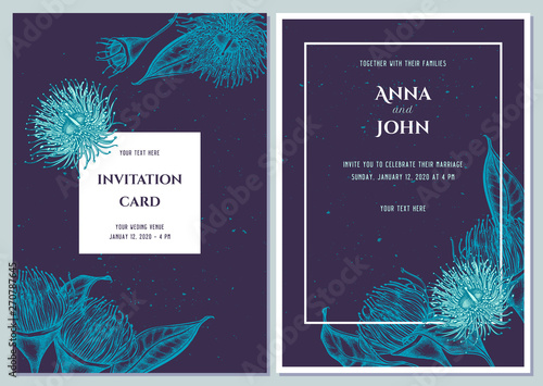 Wedding invitation card with blue eucalyptus flower