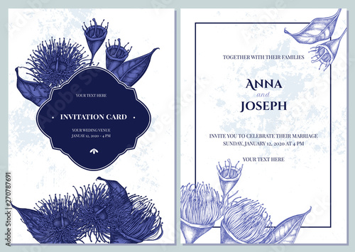 Wedding invitation card with blue and white eucalyptus flower