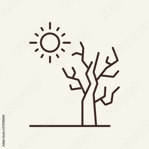 Dry tree under sun line icon. Drought, dying, withering. Environmental pollution concept. Vector illustration can be used for topics like environment, ecology, environmental defect