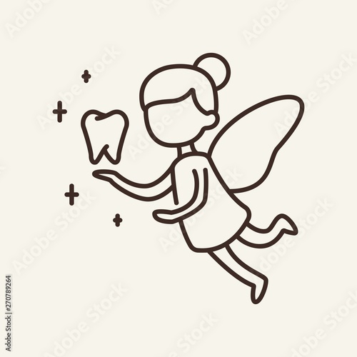 Tooth fairy line icon. Flying magic girl holding tooth. Dental care concept. Vector illustration can be used for topics like healthcare, dental care, pediatric dentistry