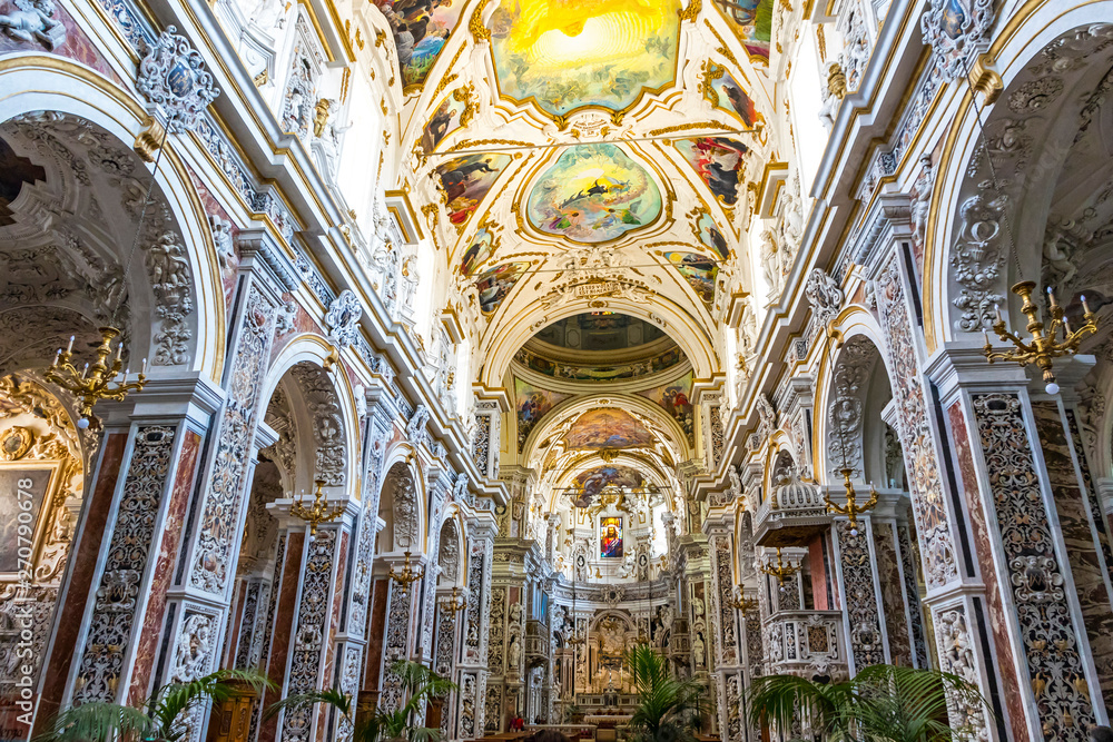 Interiors of the Church of the Gesu (Chiesa del Gesu) or Casa Professa. One of the most important Baroque churches in the Italian city of Palermo and in all of Sicily