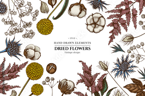 Floral design with colored astilbe, craspedia, blue eryngo, lagurus, cotton, gypsophila