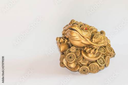 Cash mascot - Chan Chu - a gold frog figurine sitting on coins isolated on white background, Feng Shui