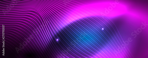 Smooth wave lines on blue neon color light background. Glowing abstract wave on dark, shiny motion, magic space light