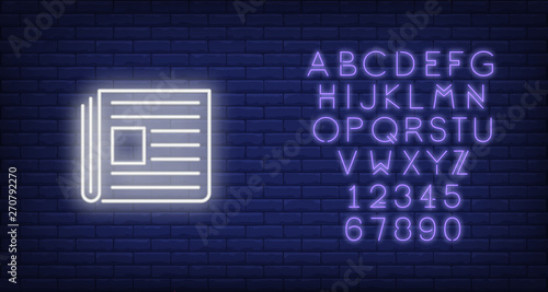 Newspaper neon sign. Glowing neon paper on dark blue brick background. Vector illustration for news, printing topics, online magazines and paper editions
