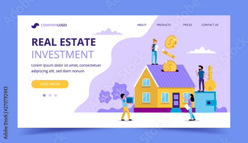 Real estate investment landing page - concept illustration for investing, buying house, coins falling in the house