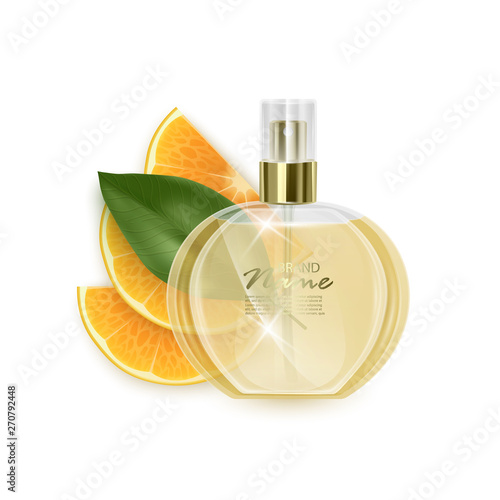 Promo banner of luxury perfume brand. Realistic glass bottle on White background with citrus fruit. Vector EPS 10 illustration