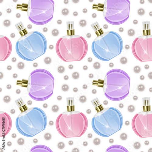 Seamless Endless Pattern with Print of perfume bottles and pearls in cartoon style Can be used in food industry for wallpapers, wrapping paper, wedding cards. Vector EPS 10
