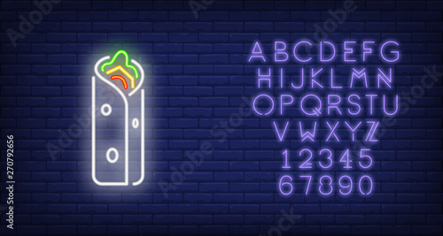 Doner kebab neon sign. Glowing doner kebab banner. Food concept. Night bright advertisement. Vector illustration in neon style for night cafe or restaurant.