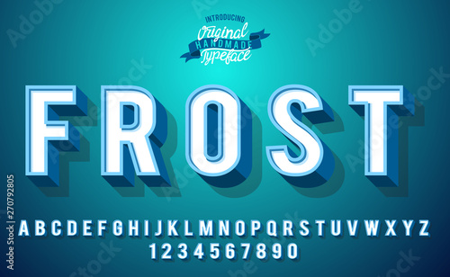 Frost. 3D vintage winter font in cold color. Serif typeface.