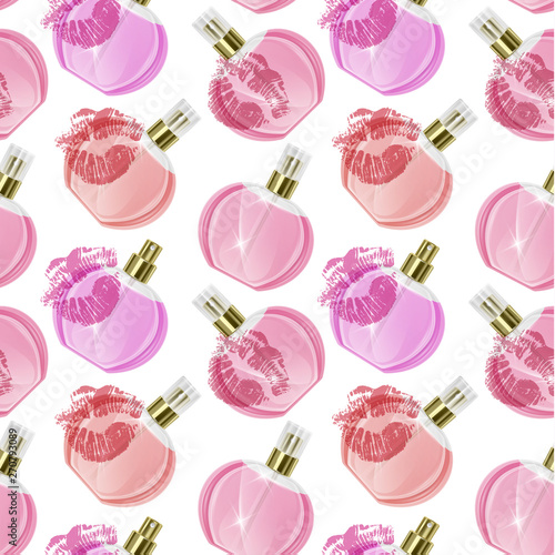 Seamless Endless Pattern with Print of perfume bottles and kiss prints in cartoon style Can be used in food industry for wallpapers, wrapping paper, wedding cards. Vector EPS 10 illustration