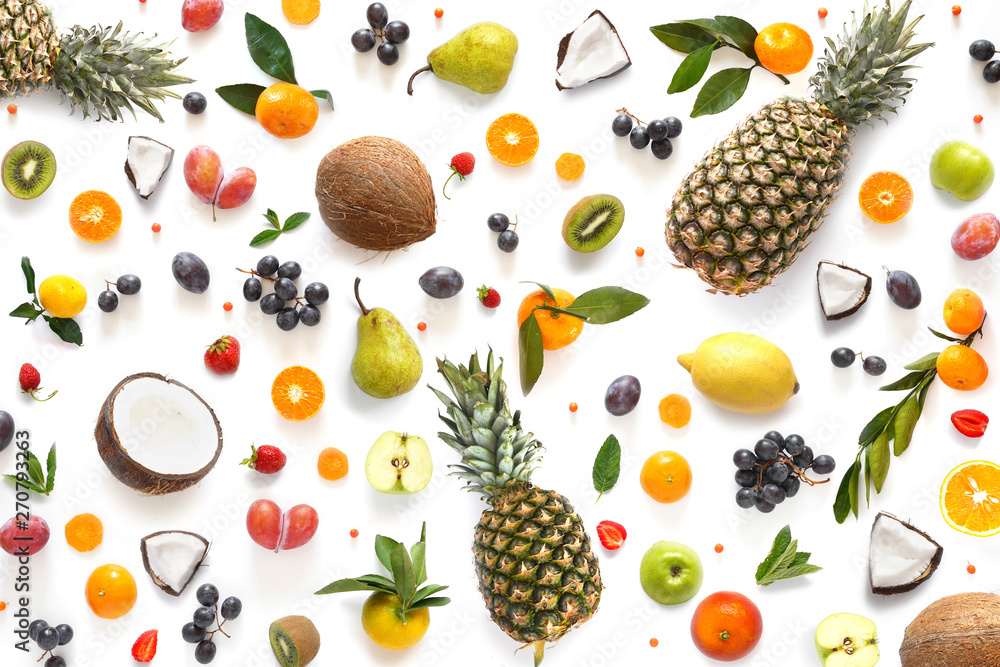 Creative flat layout of fruit in the form of a pattern, top view. Food background. - obrazy, fototapety, plakaty 