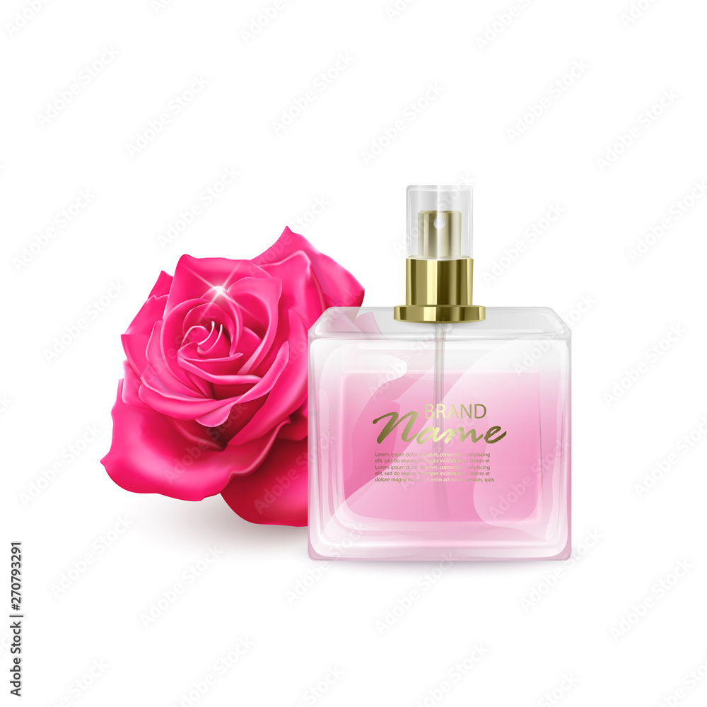 Perfume bottle mockup on white background, Cosmetic glass bottle with the scent of roses in 3d illustration for design use Perfume bottle mockup on white background, Cosmetic glass bottle with the scent of roses in 3d illustration for design use