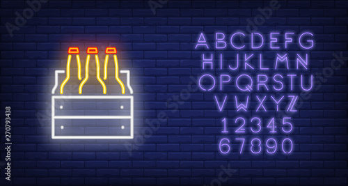 Beer six pack neon sign. Luminous signboard with alcohol. Night bright advertisement. Vector illustration in neon style for Oktoberfest festival, store commercial, brewery